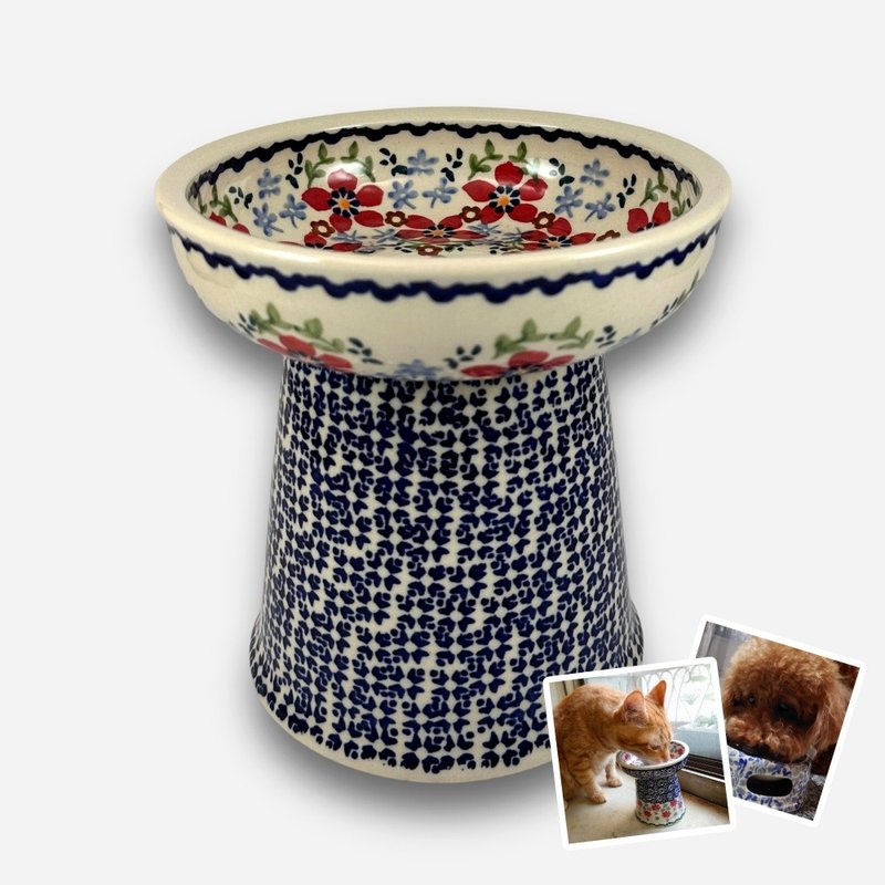 波蘭手繪手工陶-寵物碗 高腳碗 貓咪/小型犬適用 14cm - 寵物碗/碗架/自動餵食器 - 陶 多色
