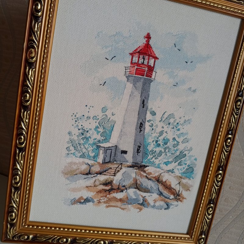 Handmade Lighthouseand Wave painting, Coastal wall art, for home decor, finished - 壁貼/牆壁裝飾 - 繡線 藍色