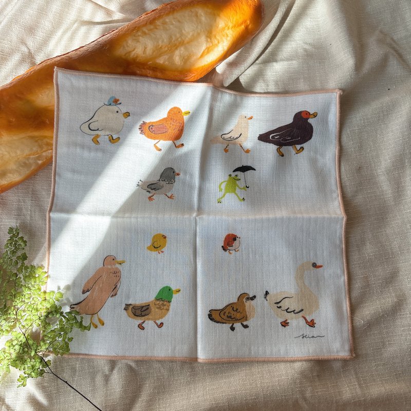 Triple yarn handkerchief-park bird friend - Handkerchiefs & Pocket Squares - Cotton & Hemp White