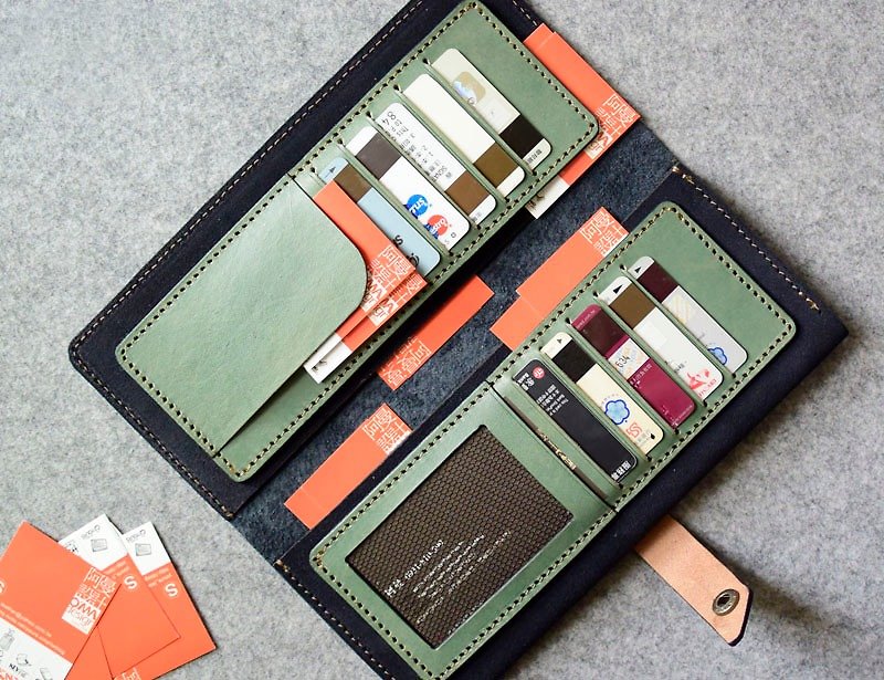 10+1 card leather long clip/large capacity banknote pocket dark blue suede + green leather - กระเป๋าสตางค์ - หนังแท้ 