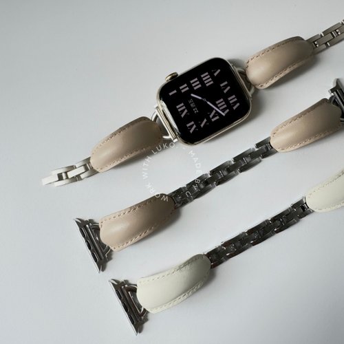 LUKO.Store Apple Watch | 奶杏色星光/正銀真皮質感不鏽鋼手鐲錶帶 4色