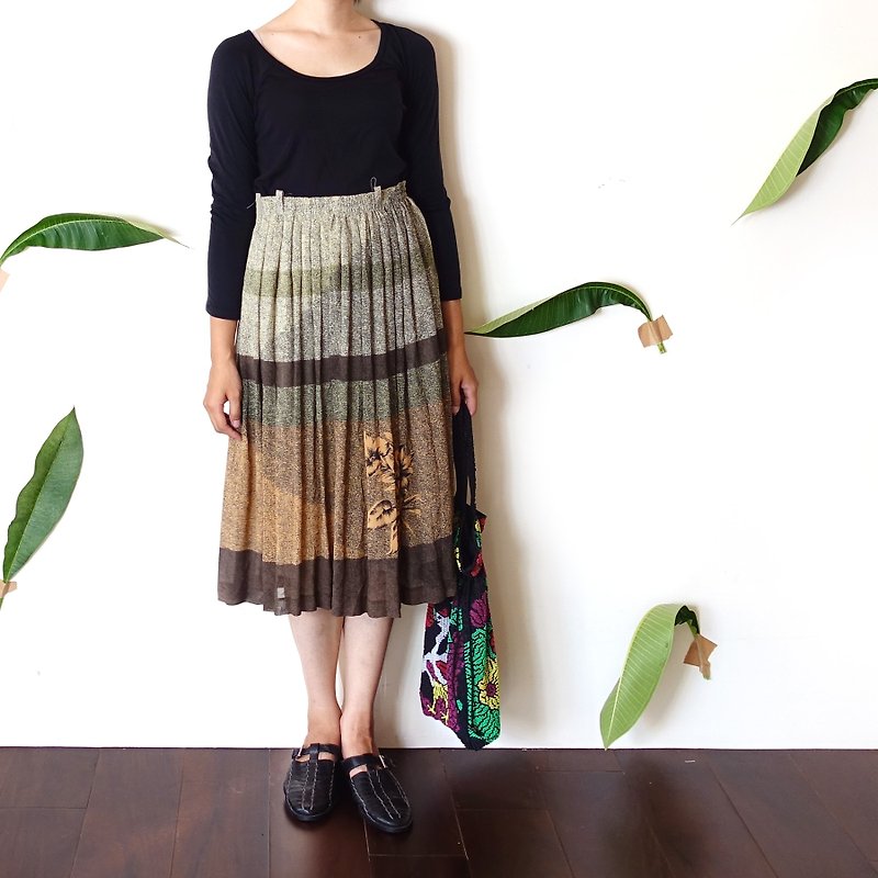 BajuTua / vintage / earth color gradient thin chiffon pleated skirt - Skirts - Cotton & Hemp Brown