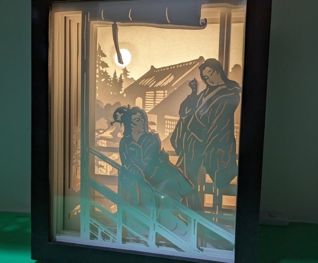 手すりに寄りかかる二人の芸者 切り絵シャドーボックス