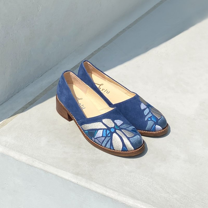 Embroidered reckless wooden shoes-Fucheng Map/Sapphire Blue - Women's Oxford Shoes - Genuine Leather Blue