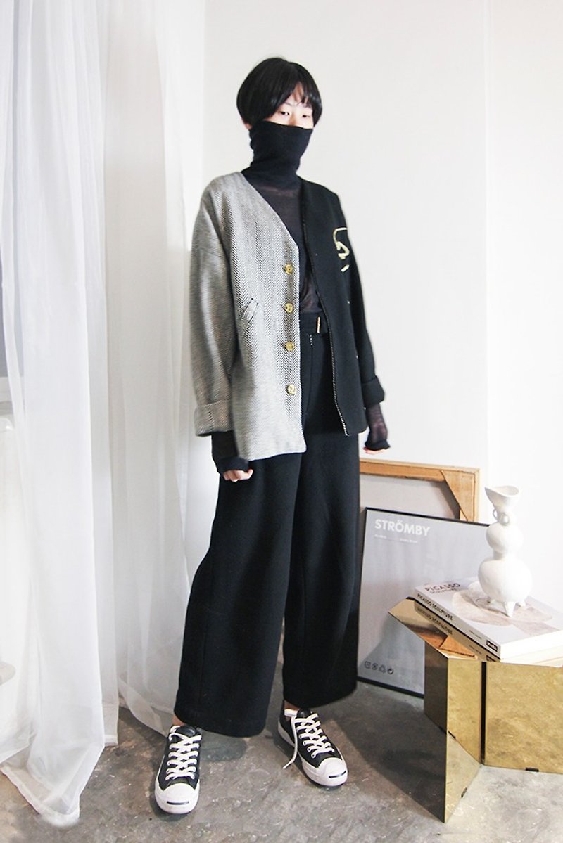 MAODIUL high-waisted black trousers with gold thread design back pocket - กางเกงขายาว - ขนแกะ สีดำ