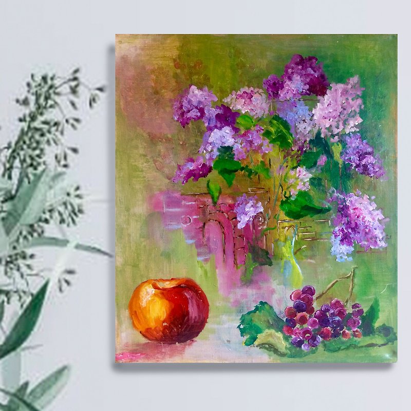 Lilac and fruit painting / 鮮花和水果 / Spring Flowers / 原創油畫 / Still  life - Posters - Cotton & Hemp Multicolor
