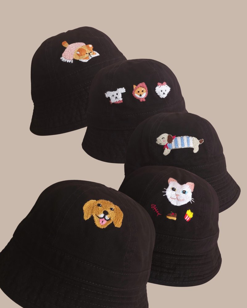 Black color of Dog-Cat Stitched Bucket,hand-embroidered canvas bucket hat - 帽子 - 棉．麻 黑色