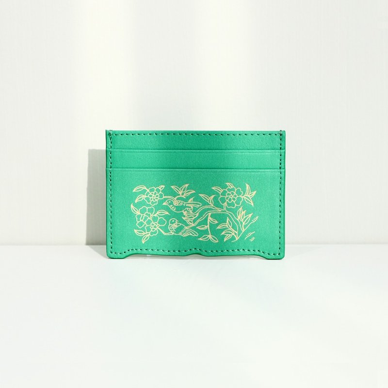 Vegan eco-friendly Hanji Leather Peony and Birds Card Wallet Green - 錢包/皮夾/長短夾 - 環保材質 