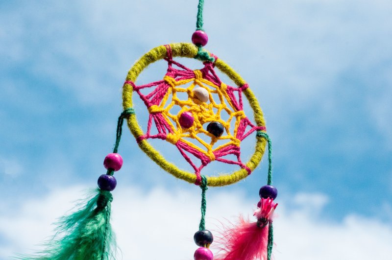 Boho ethnic wind hand-woven cotton and linen rainbow color dream catcher - green red mandala (small) - Items for Display - Wool Multicolor