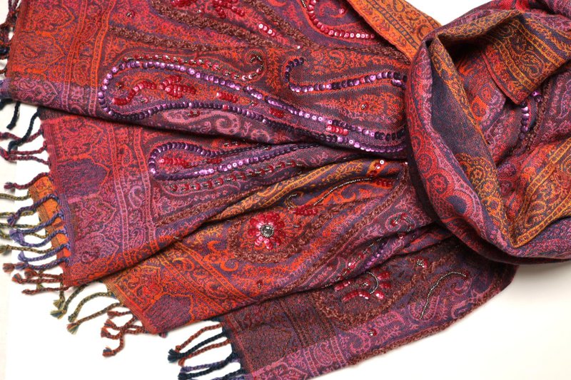 [Christmas Gift Box] Cashmere Boiled Wool Hand Embroidered Scarf Shawl Purple Orange Color Strips Beading - ผ้าพันคอถัก - ขนแกะ หลากหลายสี