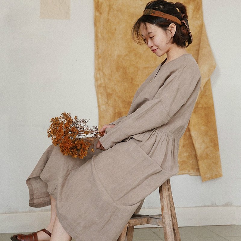 Brown plant-dyed small round neck dress with front button 100% linen loose long-sleeved organ Japanese large swing dress - One Piece Dresses - Cotton & Hemp Khaki