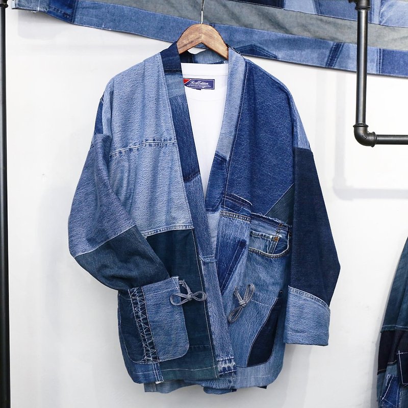 牛仔拼布patchwork kimono - 男夾克/外套 - 棉．麻 藍色