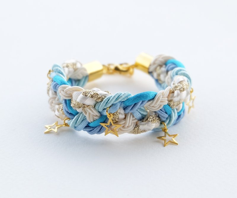 Sky blue cream braided bracelet golden stars - Bracelets - Polyester Blue