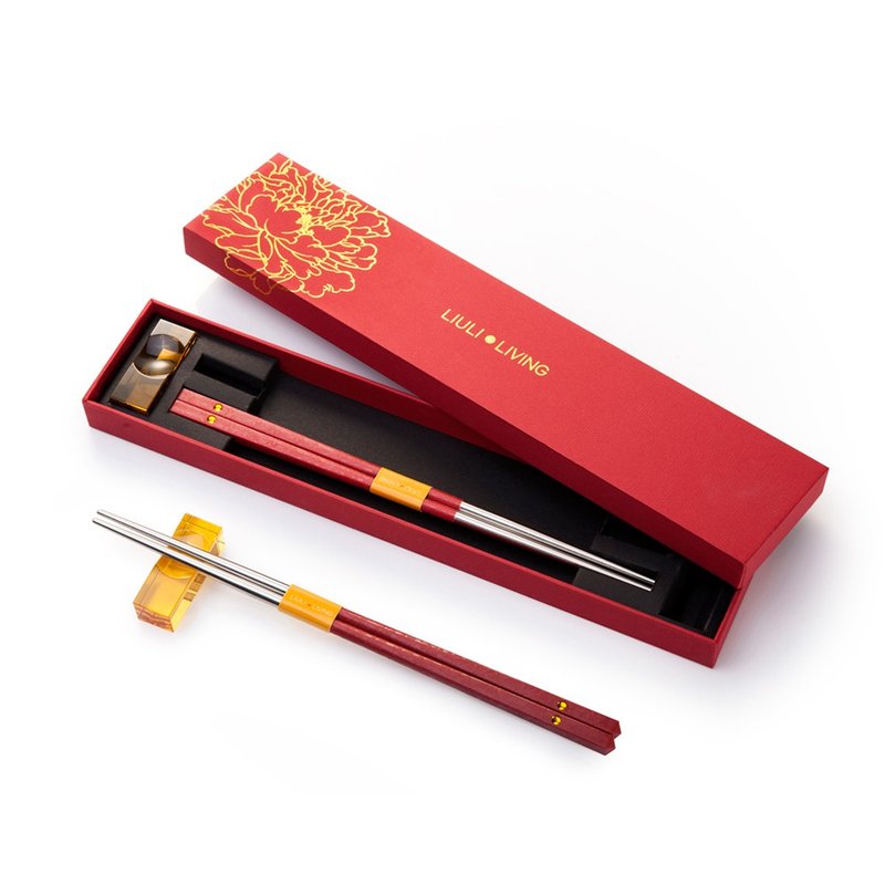 LIULI LIVING 箸福筷子對裝組 琉璃筷架 牡丹富貴紋飾 聚餐&傳承 - 筷子/筷架 - 琉璃 