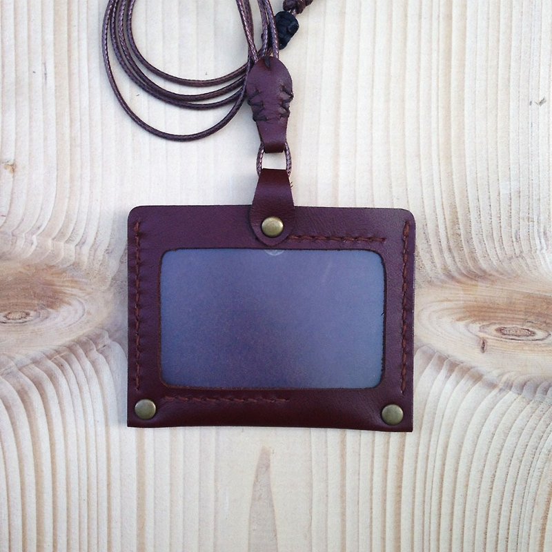 DUAL - Simple hand-stitched leather cross ID holder - burgundy - ที่ใส่บัตรคล้องคอ - หนังแท้ สีดำ