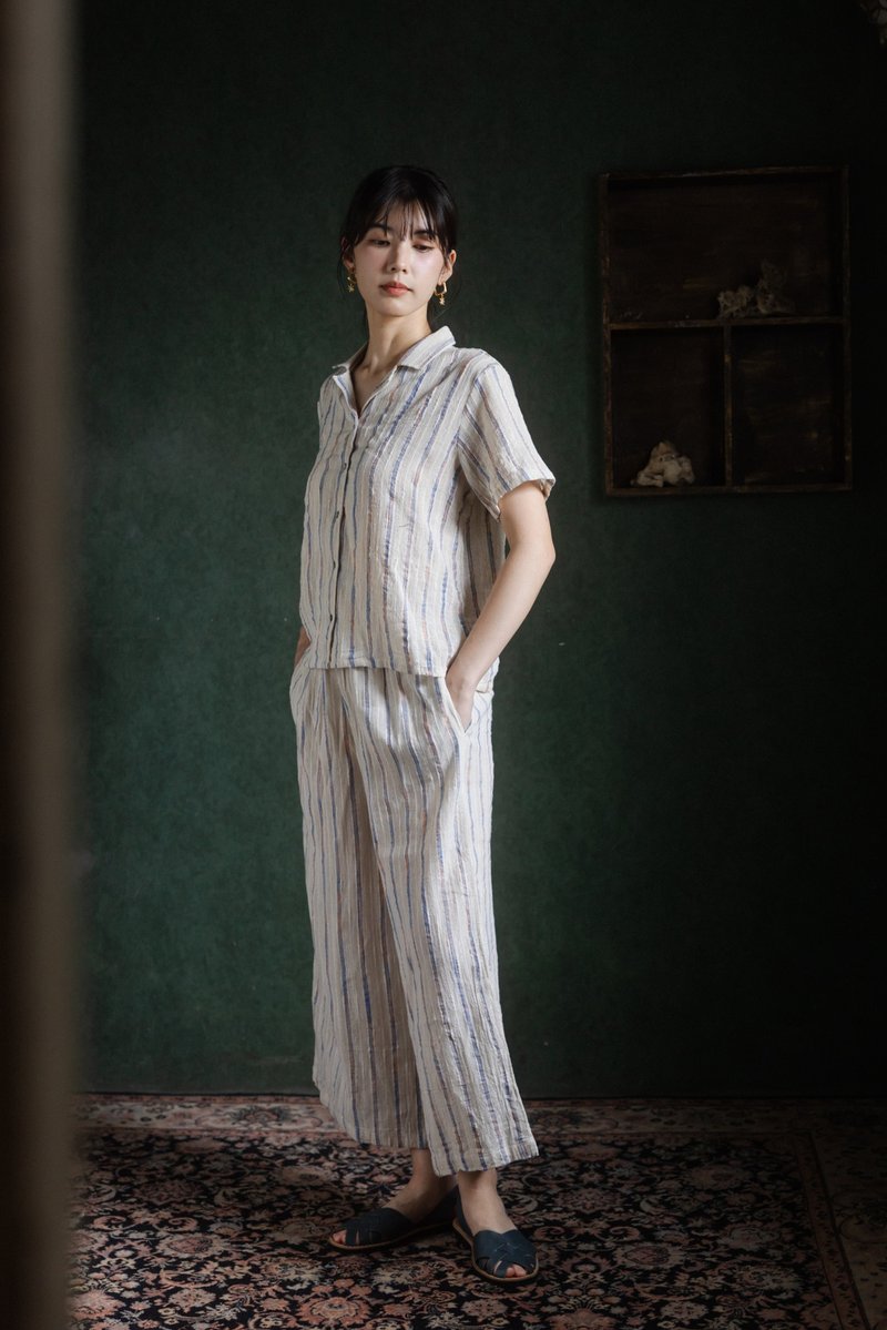 手織布短袖襯衫/寬褲套裝_藍紋 - 女襯衫 - 棉．麻 藍色