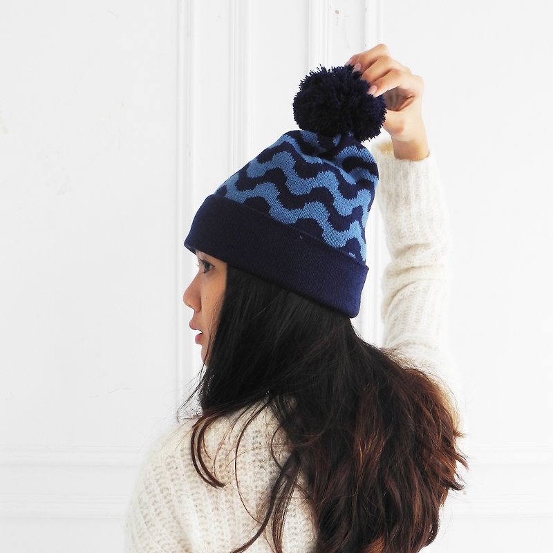 studio chiia 針織毛帽- 波浪織紋 - 海軍藍 - 帽子 - 聚酯纖維 藍色