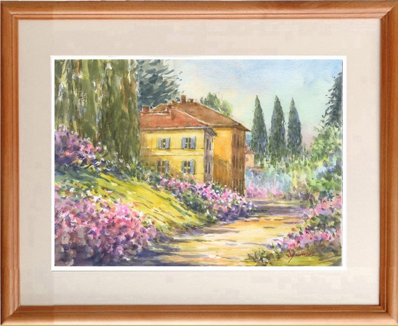 Made to order Watercolor original painting Lakeside villa - Posters - Paper Pink