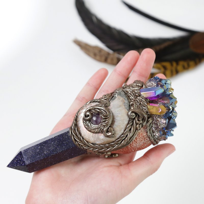 Crystal Magic Wand ~ Titanium Amethyst with Blue sandstone - ของวางตกแต่ง - คริสตัล สีน้ำเงิน