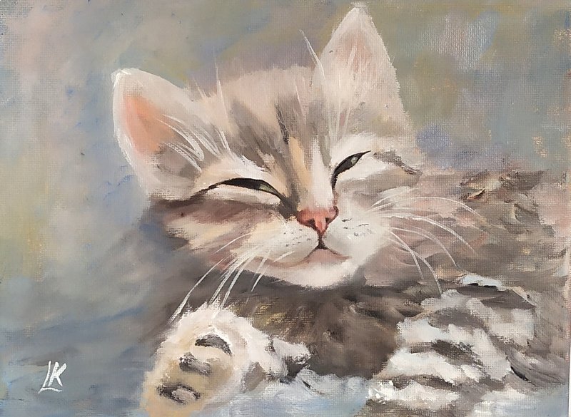 Kitten Oil Painting on Canvas Cat Art Pet Kitten Small Art Gift for Cat Lovers - Wall Décor - Cotton & Hemp 