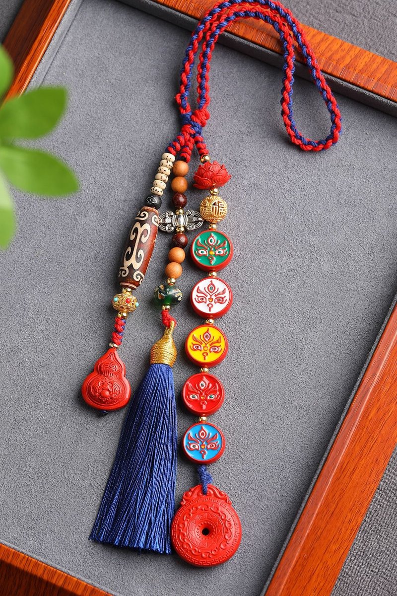 Tibetan style cinnabar thangka five-way God of Wealth bag trailer hanging universal hanging cinnabar content of more than 95% - Keychains - Gemstone 