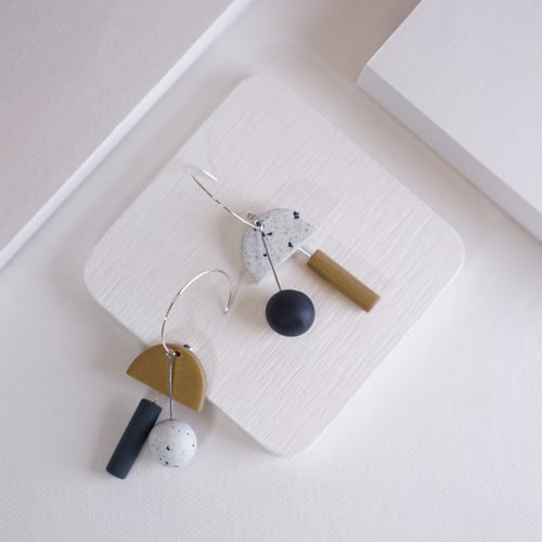 mo ment.studio Everly 原創設計 手工軟陶 幾何925純銀 耳環 耳夾 polymer clay
