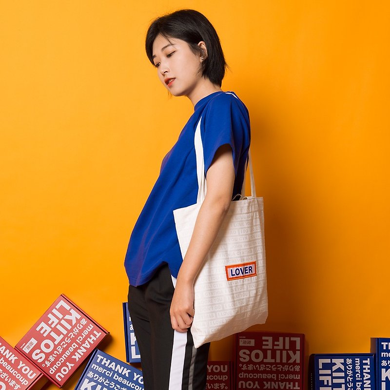 KIITOS SLOGAN Slogan Slogan Theme Printed Canvas Lightweight Shoulder Bag/Handbag-LOVER Style - กระเป๋าแมสเซนเจอร์ - ผ้าฝ้าย/ผ้าลินิน ขาว