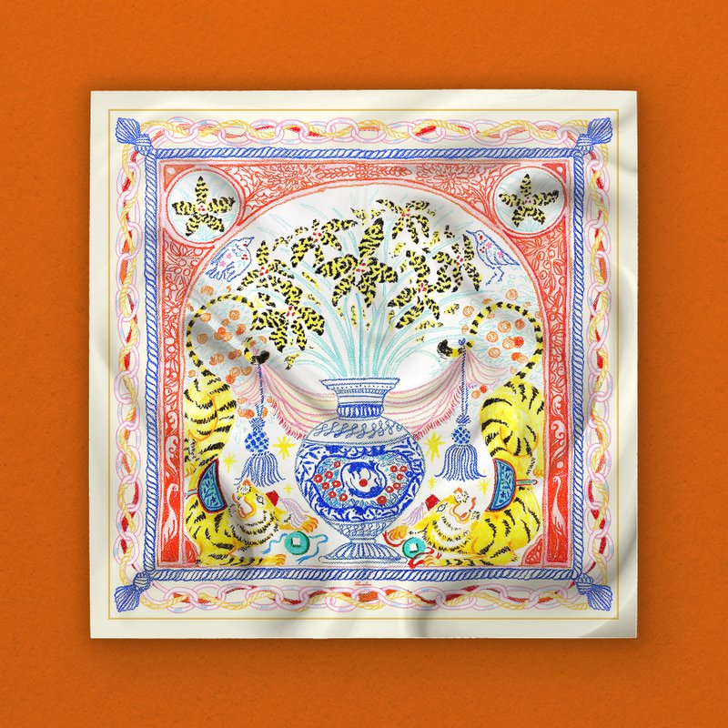 Tiger Palace 真絲斜紋方巾 - 絲巾 - 絲．絹 黃色