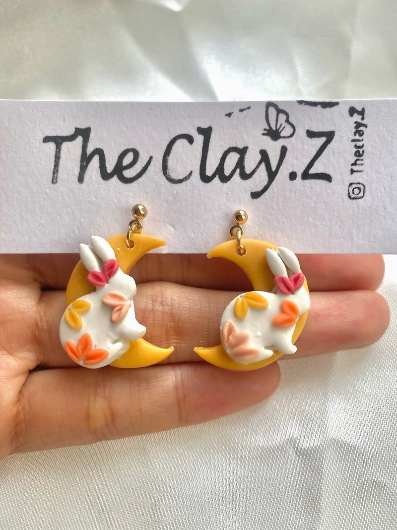 Polymer clay earrings// Rabbit on the moon - Earrings & Clip-ons - Clay 