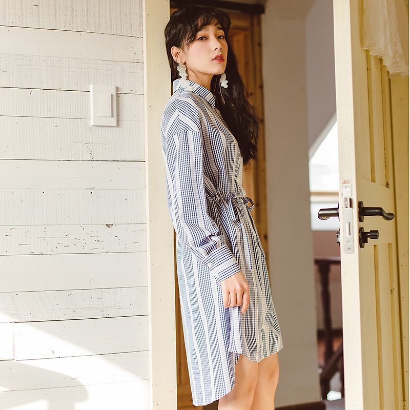 アニーチェン2018春と夏の新しい文芸の女性のストライプの短いシャツドレスのスカート - ワンピース - コットン・麻 多色