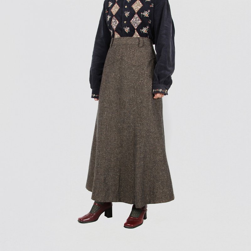 【Egg Plant Vintage】Night starlight wool long vintage dress - Skirts - Wool Brown