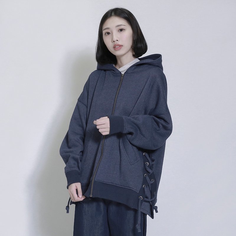Circulation Circulation Band Hooded Jacket _7AF306_ Zhang Qing - เสื้อแจ็คเก็ต - ผ้าฝ้าย/ผ้าลินิน สีน้ำเงิน