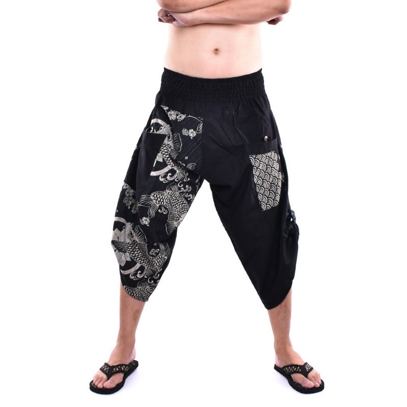 Wide harem pants, samurai, cotton fabric, handmade , ( elastic waist) - 女長褲 - 棉．麻 黑色