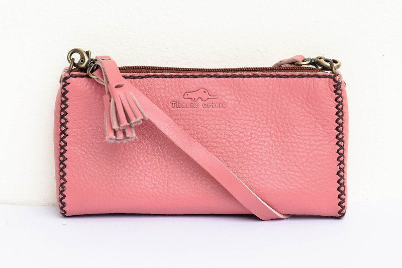 'MOBILE BAG' HANDMADE SMALL LEATHER BAG-PINK - Toiletry Bags & Pouches - Genuine Leather Pink