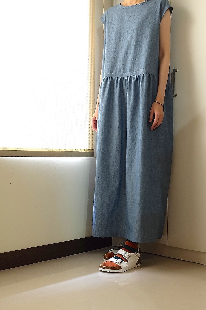 Daily hand-made clothes blue tannin style wide dress cotton - One Piece Dresses - Cotton & Hemp Blue