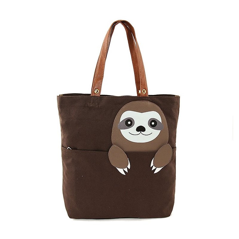 Cute tree 獭 / sloth children's fun canvas animal tote bag shoulder bag - Cool Le Village - กระเป๋าแมสเซนเจอร์ - ผ้าฝ้าย/ผ้าลินิน สีนำ้ตาล