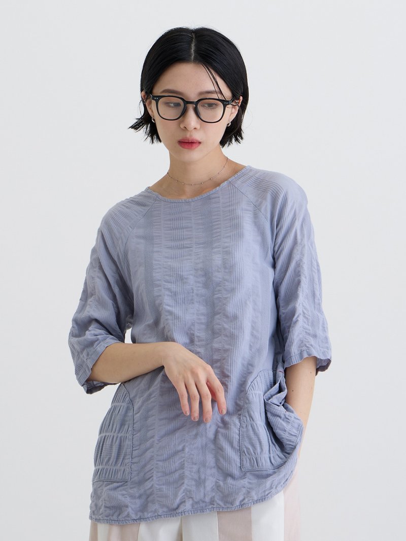 Wrinkled Cloud Three-quarter Sleeve Top-Thunderstorm (Blue) - Women's T-Shirts - Cotton & Hemp Blue