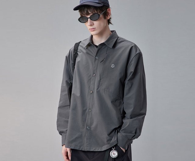 春のイレギュラースタンドカラー長袖シャツジャカードブラックのメンズ