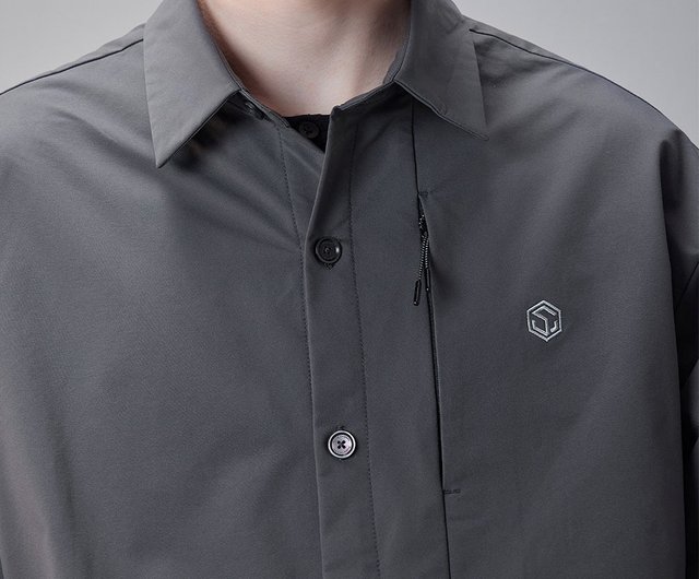 春のイレギュラースタンドカラー長袖シャツジャカードブラックのメンズ