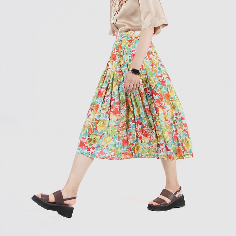 [Egg Plant Vintage] Hundred Flowers Image Print Ancient Pleated Skirt - Skirts - Polyester Multicolor
