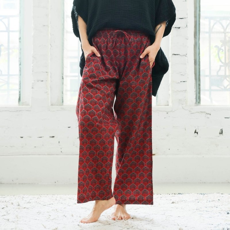 Indian cover-dyed drawstring straight trousers/voile peacock - กางเกงขายาว - ผ้าฝ้าย/ผ้าลินิน สีแดง