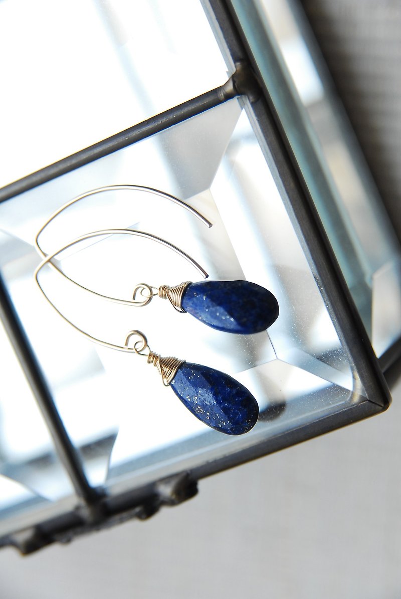 Lapis lazuli drop slightly longer Marquis hook earrings 14 kgf - Earrings & Clip-ons - Semi-Precious Stones Blue