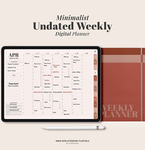 314Designs Undated Weekly Digital Planner, Goodnotes ipad Planner, Daily hourly Minimalist