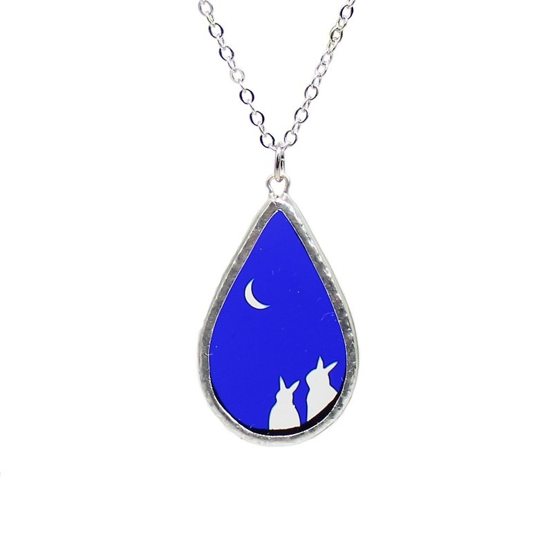 Stained Glass Necklace Shizuku Usagi Crescent Moon / Blue - Necklaces - Glass Blue