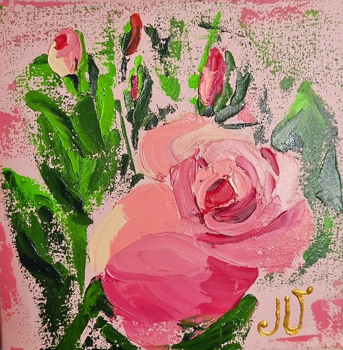 Julia Velyka Art Roses Bouquet Original Oil Painting Pink Rose Artwork Girlish Wall decor Impasto