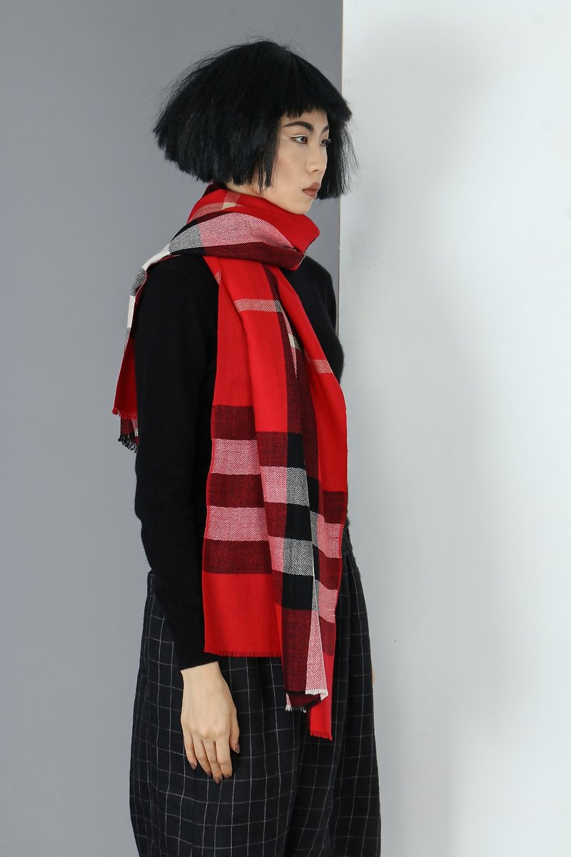 【現貨】純羊毛紅格紋圍巾披肩 - 絲巾 - 羊毛 紅色
