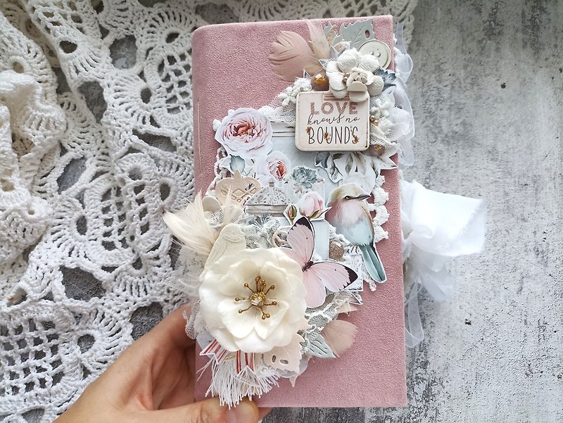 Wedding junk journal handmade Elegant flowers dairy Lace roses bridal notebook - Notebooks & Journals - Paper Pink