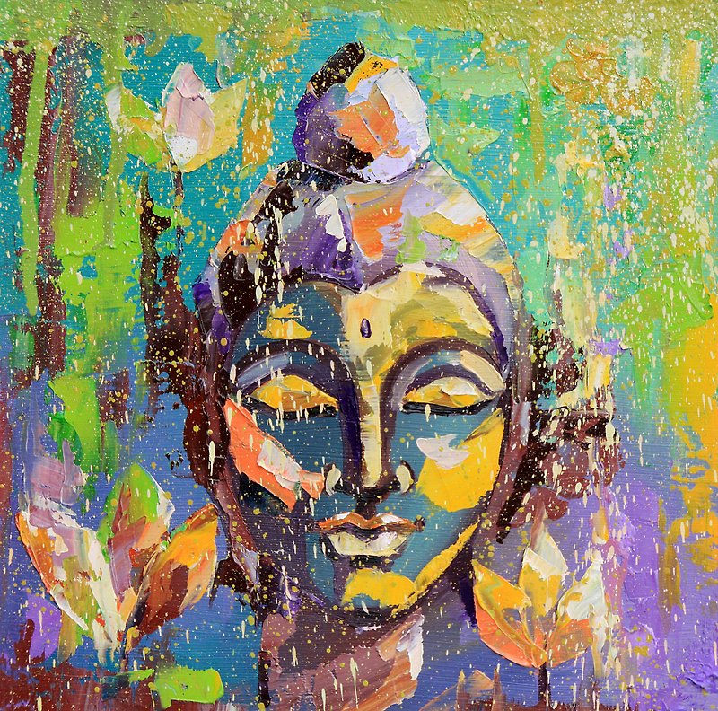 佛陀绘画 佛教原创艺术 冥想艺术品 印度壁画艺术 禅宗 - 掛牆畫/海報 - 其他材質 紫色