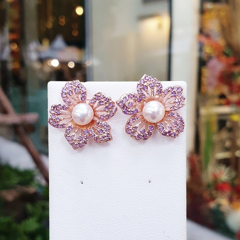 Pink sapphire earrings with pearl - Earrings & Clip-ons - Gemstone Pink