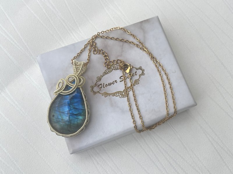 230326 wire wrapping 拉長石 銅線 繞線 吊墮 - 項鍊 - 銅/黃銅 藍色